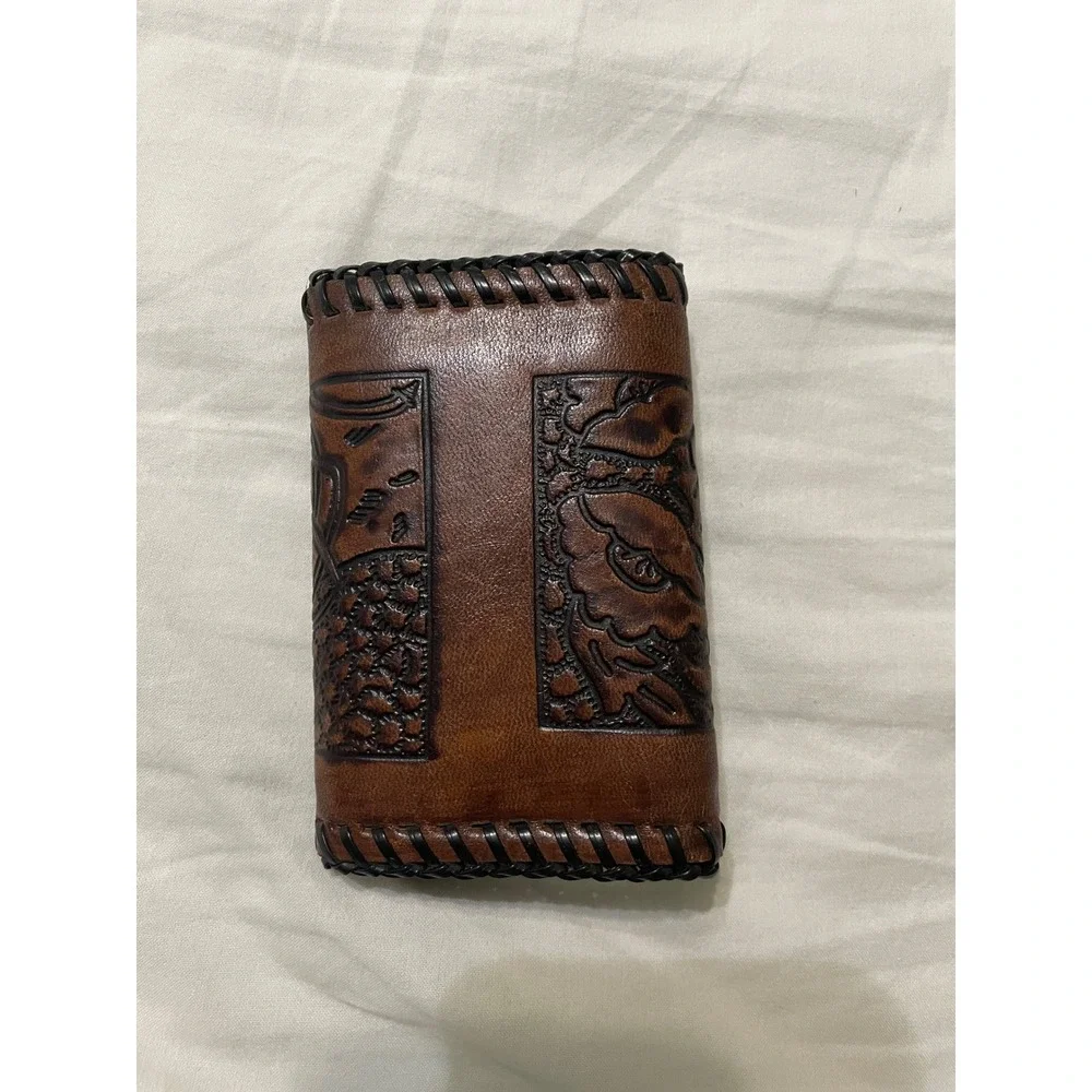 Unbranded Trifold Wallet Mens‎ OS Brown Tooled Leather Floral Eagle Whipstitch